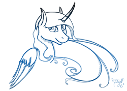 Size: 1000x714 | Tagged: safe, artist:midnightsix3, princess luna, alicorn, pony, curved horn, lunadoodle, monochrome, solo