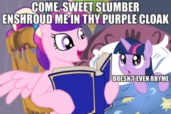 Size: 1012x672 | Tagged: safe, princess cadance, twilight sparkle, unicorn twilight, alicorn, pony, unicorn, art of noise, bed, bedtime story, blanket, book, bow, cadance's bedtime stories, chair, detailed background, duo, duo female, exploitable meme, female, females only, filly, filly twilight sparkle, hair bow, hoof hold, horn, image macro, looking at each other, looking up, max headroom, meme, multicolored mane, obscure reference, open mouth, pillow, pink coat, pink wings, purple coat, purple eyes, reading, sitting, smiling, spread wings, text, wings, younger