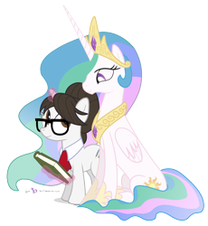 Size: 1050x1140 | Tagged: safe, artist:dm29, princess celestia, raven, alicorn, pony, book, duo, glasses, magic, simple background, sitting, smiling, telekinesis, transparent background