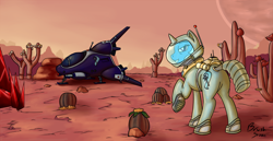 Size: 1750x903 | Tagged: safe, artist:brushstroke, derpibooru import, trixie, pony, unicorn, astronaut, female, mare, no man's sky, solo, spaceship, spacesuit