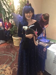 Size: 768x1024 | Tagged: artist needed, safe, artist:daughter-of-wolves, idw, princess luna, tiberius, human, 2014, convention, cosplay, grand brony gala, irl, irl human, pet, photo, plushie