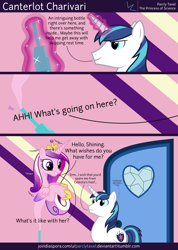 Size: 6400x8978 | Tagged: safe, artist:parclytaxel, princess cadance, shining armor, alicorn, genie pony, pony, unicorn, .svg available, absurd resolution, comic, door, genie, magic, monty python, monty python's flying circus, nudge nudge, vector