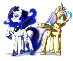 Size: 1800x1500 | Tagged: safe, artist:xonitum, fluttershy, princess celestia, princess luna, rarity, alicorn, pegasus, pony, unicorn, accessory swap, clothes, colored pupils, constellation, costume, ethereal mane, eyeshadow, fake horn, fake wings, female, frown, hoof shoes, jewelry, lidded eyes, looking at you, lunarity, makeup, mane swap, mare, peytral, raised hoof, shylestia, simple background, smiling, spread wings, tiara, transparent background, wings