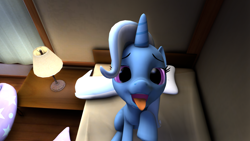 Size: 1280x720 | Tagged: safe, artist:doppelboner, derpibooru import, trixie, pony, unicorn, 3d, bed, bedroom, explicit source, female, looking at you, mare, open mouth, pet, raised hoof, solo, source filmmaker, tongue out