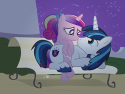 Size: 1024x768 | Tagged: safe, artist:dm29, princess cadance, shining armor, alicorn, pony, unicorn, bench, female, male, night, shiningcadance, shipping, shooting star, straight