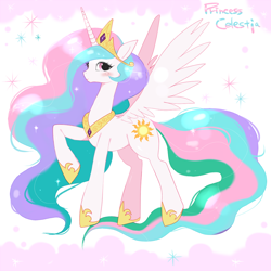 Size: 800x800 | Tagged: safe, artist:oniku, princess celestia, alicorn, pony, blushing, cute, cutelestia, female, mare, pixiv, raised hoof, solo, spread wings, wings