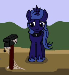 Size: 284x310 | Tagged: safe, princess luna, alicorn, pony, spider, mailbox, sad, solo, spider web