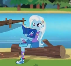 Size: 485x454 | Tagged: safe, derpibooru import, screencap, trixie, equestria girls, legend of everfree, book, clothes, converse, cropped, lake, log, shoes, sneakers, solo