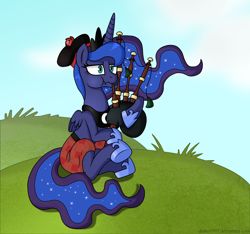 Size: 3100x2900 | Tagged: safe, artist:drako1997, princess luna, alicorn, pony, bagpipes, kilt, scottish, solo, tam o' shanter, wat