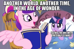 Size: 1012x672 | Tagged: safe, princess cadance, twilight sparkle, unicorn twilight, alicorn, pony, unicorn, bed, bedtime story, blanket, book, bow, cadance's bedtime stories, chair, detailed background, duo, duo female, exploitable meme, female, females only, filly, filly twilight sparkle, hair bow, hoof hold, horn, image macro, looking at each other, looking up, meme, multicolored mane, open mouth, pillow, pink coat, pink wings, purple coat, purple eyes, reading, sitting, smiling, spread wings, text, the dark crystal, wings, younger