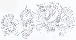 Size: 1599x859 | Tagged: safe, artist:kitsu-illustration, princess cadance, princess luna, alicorn, pony, female, mare, monochrome