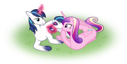 Size: 2441x1238 | Tagged: safe, artist:arvaus, princess cadance, shining armor, alicorn, pony, unicorn, female, grass, levitation, magic, male, marriage proposal, ring, shiningcadance, shipping, simple background, straight, tears of joy, transparent background, vector