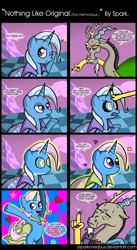 Size: 2860x5222 | Tagged: safe, artist:zsparkonequus, derpibooru import, discord, trixie, draconequus, pony, unicorn, bipedal, comic, dialogue, discorded, female, heart, mare, mind control, open mouth, peace symbol, sweat, sweatdrops, swirly eyes