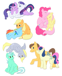 Size: 1920x2337 | Tagged: safe, artist:arcticwaters, derpibooru import, applejack, bon bon, caramel, derpy hooves, fluttershy, lyra heartstrings, pinkie pie, rainbow dash, rarity, sweetie drops, twilight sparkle, unicorn twilight, earth pony, pegasus, pony, unicorn, appledash, carabon, female, flutterpie, lesbian, lyraderp, male, mare, preening, rarilight, shipping, stallion, straight