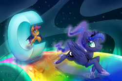 Size: 1800x1200 | Tagged: safe, artist:14dreamer, princess luna, scootaloo, alicorn, bat pony, pony, bat ponified, c, race swap, rainbow road, scootabat, student of the night