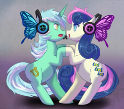 Size: 764x675 | Tagged: safe, artist:whitephox, bon bon, lyra heartstrings, sweetie drops, butterfly, headphones, magnet, vocaloid