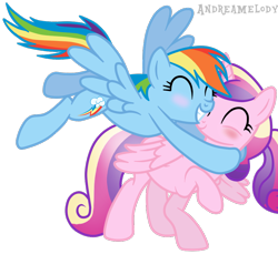 Size: 900x823 | Tagged: safe, artist:andreamelody, princess cadance, rainbow dash, alicorn, pegasus, pony, age regression, blushing, cadash, female, hug, lesbian, shipping, simple background, transparent background, vector