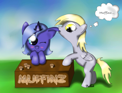 Size: 3684x2812 | Tagged: safe, artist:izelyca, derpy hooves, princess luna, alicorn, pegasus, pony, ear bite, female, mare, muffin, solo