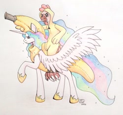 Size: 2199x2047 | Tagged: safe, artist:sugaryviolet, princess celestia, oc, alicorn, pony, banana, banana suit, bananalestia, chicken suit, clothes, frown, glare, non-mlp oc, pointing, raised hoof, riding, spread wings