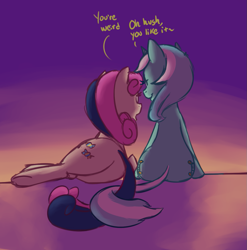 Size: 1085x1100 | Tagged: safe, artist:okiedokielowkey, artist:rustydooks, bon bon, lyra heartstrings, sweetie drops, pony, both cutie marks, dialogue, female, intertwined tails, lesbian, lying down, lyrabon, mare, plot, shipping, sitting