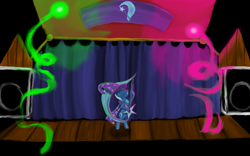 Size: 1280x800 | Tagged: safe, artist:necrodios, derpibooru import, trixie, pony, unicorn, female, guitar, hilarious in hindsight, magic show, mare, solo