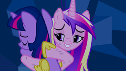 Size: 830x467 | Tagged: safe, princess cadance, twilight sparkle, alicorn, pony, unicorn, female, horn, hug, mare, screenshots, wings