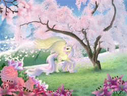 Size: 8000x6000 | Tagged: safe, artist:ilquira, fluttershy, alicorn, pony, alicornified, flower, fluttercorn, large wings, princess, race swap, scenery, scenery porn, solo, spread wings, tree