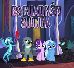 Size: 960x877 | Tagged: artist needed, safe, derpibooru import, gabby, princess ember, starlight glimmer, trixie, changeling, dragon, griffon, pony, unicorn, season 6, female, hilarious in hindsight, mare, spanish, suicide squad