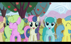 Size: 768x480 | Tagged: safe, screencap, amethyst star, bon bon, carrot top, cloud kicker, daisy, dizzy twister, flower wishes, golden harvest, lemon hearts, orange swirl, spring melody, sprinkle medley, sweetie drops, the super speedy cider squeezy 6000, youtube caption