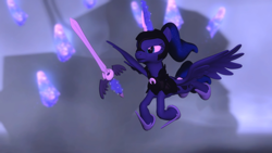 Size: 1366x768 | Tagged: safe, artist:fezwearingdoctor, princess luna, ghost, 3d, armor, flying, gmod, solo, sword, weapon