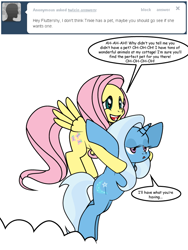 Size: 600x800 | Tagged: safe, artist:dekomaru, derpibooru import, fluttershy, trixie, pegasus, pony, ask, flying, pet, tumblr, tumblr:ask twixie