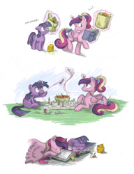 Size: 1050x1370 | Tagged: safe, artist:onkelscrut, princess cadance, twilight sparkle, alicorn, pony, book, cherry, chess, comic, cute, filly, filly twilight sparkle, groceries, magic, multitasking, paper bag, playing, shopping, sleeping, slice of life