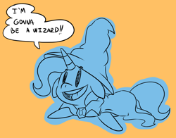 Size: 1280x1003 | Tagged: safe, artist:benja, derpibooru import, trixie, pony, unicorn, beady eyes, cape, clothes, cute, dialogue, diatrixes, filly, floppy ears, hat, limited palette, open mouth, orange background, prone, simple background, smiling, solo, speech, speech bubble, trixie's cape, trixie's hat, witch hat