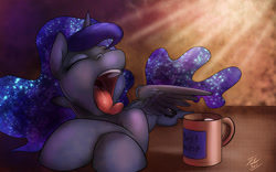 Size: 1200x748 | Tagged: safe, artist:tsitra360, princess luna, alicorn, pony, coffee, solo, tongue out, yawn