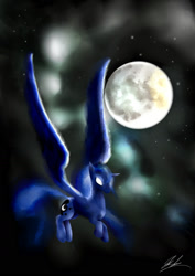 Size: 1280x1810 | Tagged: safe, artist:shortcircuit42, princess luna, alicorn, pony, flying, glowing eyes, moon, night, solo, spread wings, stars