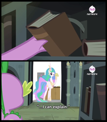 Size: 1314x1499 | Tagged: safe, artist:jittery-the-dragon, princess celestia, spike, alicorn, dragon, pony, inspiration manifestation, book, hub logo, hub network, kitchen, meme, secret door, taco