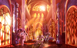 Size: 4000x2500 | Tagged: safe, artist:skodadav, derpibooru import, spike, starlight glimmer, trixie, twilight sparkle, twilight sparkle (alicorn), alicorn, dragon, pony, unicorn, absurd resolution, bisexual, castle, detailed, female, hall, hallway, kiss mark, lesbian, lipstick, mare, polyamory, shipping, sparlixie, spike gets all the mares, straight, twilight's castle, uncanny valley