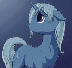 Size: 900x857 | Tagged: dead source, safe, artist:jakneurotic, derpibooru import, trixie, pony, unicorn, female, mare, missing accessory, rain, sad, wet mane