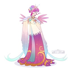 Size: 850x850 | Tagged: safe, artist:flying-fox, princess cadance, human, clothes, dress, eared humanization, horned humanization, humanized, light skin, solo, winged humanization