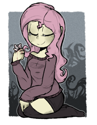 Size: 570x730 | Tagged: safe, artist:urbanqhoul, fluttershy, equestria girls, clothes, crying, eyes closed, female, kneeling, smiling, solo, stockings, sweater, thigh highs, zettai ryouiki