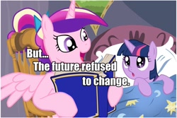 Size: 960x640 | Tagged: safe, princess cadance, twilight sparkle, unicorn twilight, alicorn, pony, unicorn, bed, bedtime story, blanket, book, bow, cadance's bedtime stories, chair, chrono trigger, detailed background, duo, duo female, exploitable meme, female, females only, filly, filly twilight sparkle, hair bow, hoof hold, horn, image macro, looking at each other, looking up, meme, multicolored mane, open mouth, pillow, pink coat, pink wings, purple coat, purple eyes, reading, sitting, smiling, spread wings, text, wings, younger