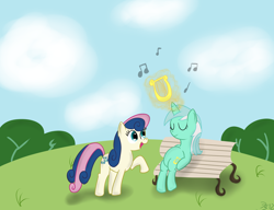 Size: 3316x2552 | Tagged: safe, artist:mikoruthehedgehog, bon bon, lyra heartstrings, sweetie drops, bench, high res, lyre, music, music notes