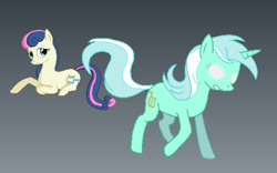 Size: 561x350 | Tagged: safe, artist:lokkerd, bon bon, lyra heartstrings, sweetie drops, glowing eyes