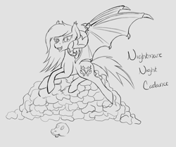 Size: 1280x1068 | Tagged: safe, artist:iraincloud, princess cadance, alicorn, pegasus, pony, undead, vampire, vampony, bat wings, dead, fangs, monochrome, nightmare, skull, solo