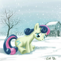 Size: 640x640 | Tagged: safe, artist:giantmosquito, bon bon, sweetie drops, earth pony, pony, cutie mark, female, hooves, mare, snow, snowfall, solo, tree