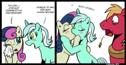 Size: 927x481 | Tagged: safe, artist:madmax, big macintosh, bon bon, lyra heartstrings, sweetie drops, comic, female, kissing, lesbian, lesbian in front of boys, lyrabon, male, shipping, spanish, translation