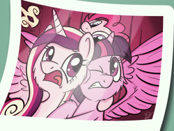 Size: 4000x3000 | Tagged: safe, artist:pirill, pinkie pie, princess cadance, twilight sparkle, twilight sparkle (alicorn), alicorn, pony, 30 minute art challenge, female, fluffy, grin, gritted teeth, mare, open mouth, photo, photo booth, smiling, spread wings, wink