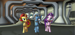 Size: 1587x745 | Tagged: safe, artist:hectorny, derpibooru import, starlight glimmer, sunset shimmer, trixie, pony, 3d, base, corridor, looking around, thid, twilight's counterparts