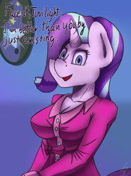 Size: 1600x2150 | Tagged: safe, artist:mopyr, derpibooru import, starlight glimmer, trixie, anthro, every little thing she does, breasts, dialogue, female, looking at you, open mouth, smiling, smug, solo, starlight jiggler, starlight's room