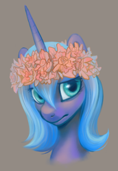 Size: 1145x1664 | Tagged: safe, artist:kaermter, princess luna, alicorn, pony, floral head wreath, portrait, s1 luna, simple background, solo